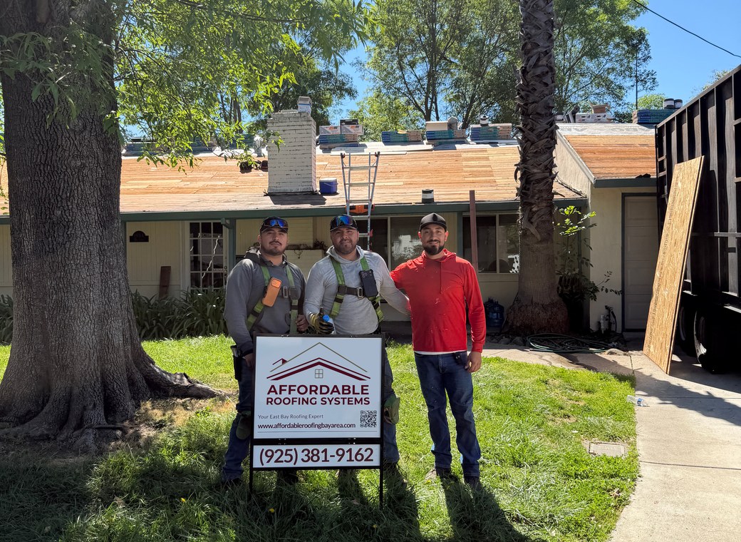 Affordable Roofing Systems crew in front of a completed Bay Area roof replacement
