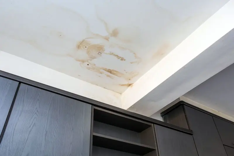 Brown water stain on a white ceiling above kitchen cabinets