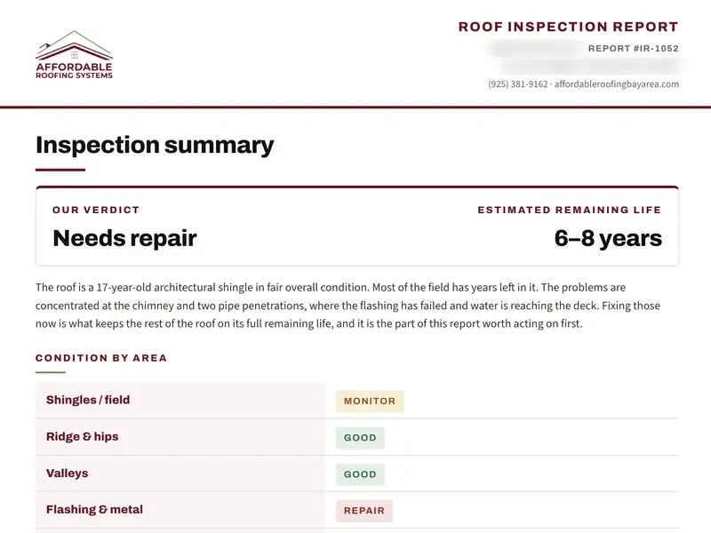 The summary page of an Affordable Roofing Systems roof inspection report, with a verdict, remaining life and a condition table